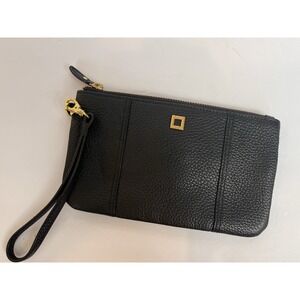 Lodis black leather w/goldtone hardware zip close wristlet‎ w/6"strap